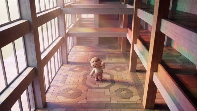 近代的な建築空間で頭の横に手を添えて前傾するかわいいクレイキャラクターの3DCG