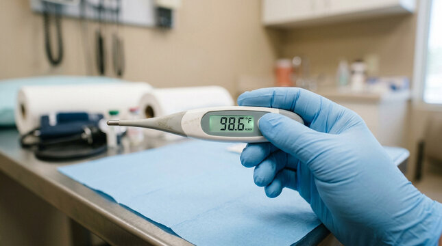Hand in Blue Glove Holding Digital Thermometer at 98.6 Degrees