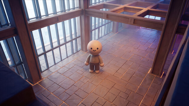 光コンピューティング建築のアトリウムで直立するかわいいクレイキャラクターの3DCG