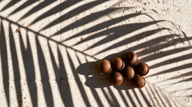 A sapodilla fruit composition framed by dramatic palm leaf shadows creating architectural patterns across pale travertine