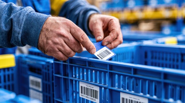 Worker attaching label to blue storage container