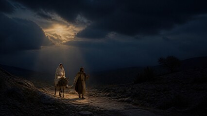 Naklejka premium Pregnant Mary riding donkey led by Joseph on road to Bethlehem at night. Holy family journey to Bethlehem. Biblical Christmas nativity story. Gospel scene with divine light