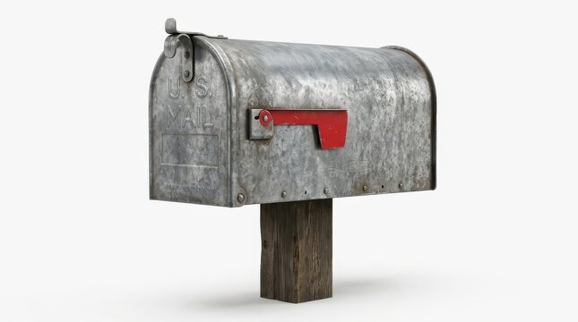 Vintage Weathered Galvanized Metal US Mailbox on Wooden Post Isolated on White Background for Postal and Communication Concepts