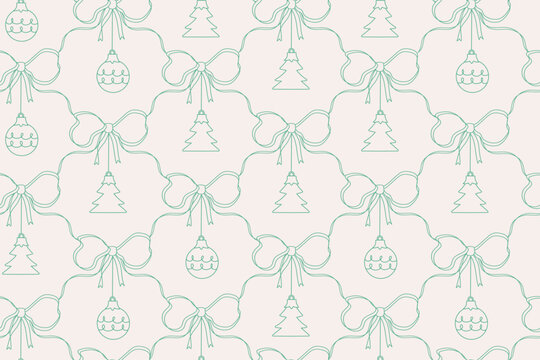 Seamless pattern with green bow.  Christmas gift wrapping paper. Vector  Illustration