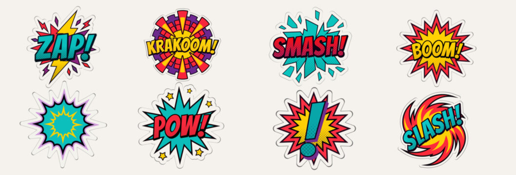 Comic Cartoon Explosion Effect Set. Colorful Hand Drawn ZAP, KRAKOOM, SMASH, BOOM, POW and SLASH Pop Art Bursts with Dynamic Impact Shapes, Action Motion Effects and Comic Book Elements. Vector Collec