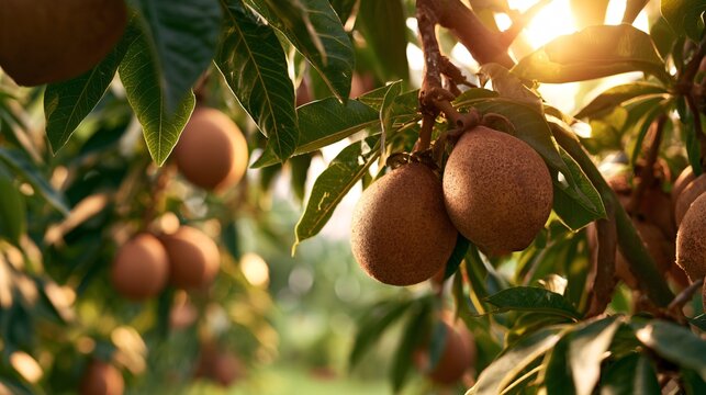 A tropical orchard composition featuring sapodilla fruit hanging from branches beneath golden afternoon sunlight and dense green foliage