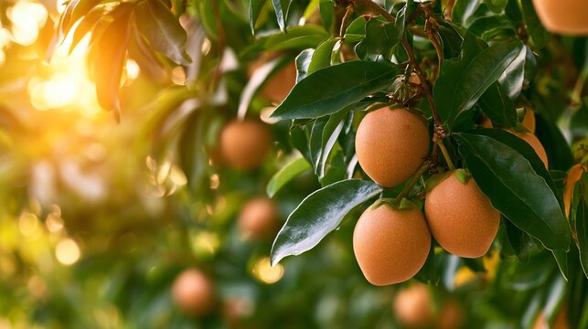 A tropical orchard composition featuring sapodilla fruit hanging from branches beneath golden afternoon sunlight and dense green foliage
