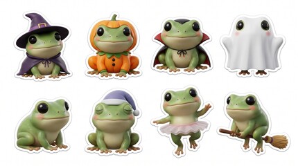 Naklejka premium Cute Halloween Frog Character Sticker Set with Witch Hat, Pumpkin, Vampire and Ghost