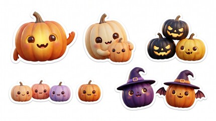 Fototapeta premium Cute Halloween Pumpkin Character Sticker Set with Witch Hats and Spooky Faces