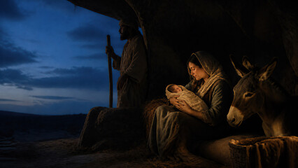 Naklejka premium Woman Mary holding baby Jesus in stable and man Joseph at night. Nativity scene with donkey. Holy family. Birth of Christ. Christmas story and Christian faith for greeting card.
