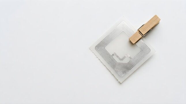 Small wooden clothespin clipped on square RFID transponder sticker isolated on white background
