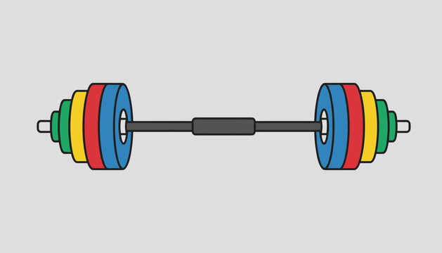 Colorful heavy barbell with red, blue, yellow, and green weight plates isolated on a neutral background.