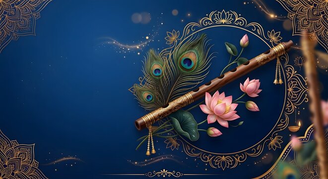Wooden bansuri flute decorated with pink lotus blossoms and peacock feathers inside an ornate golden frame on a deep blue surface.