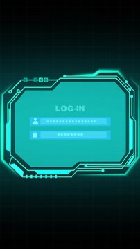 Futuristic digital interface for login with glowing cyan frame and grid technology