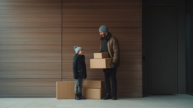 Courier or Father Delivering Parcels and Cardboard Boxes to Child Outdoors