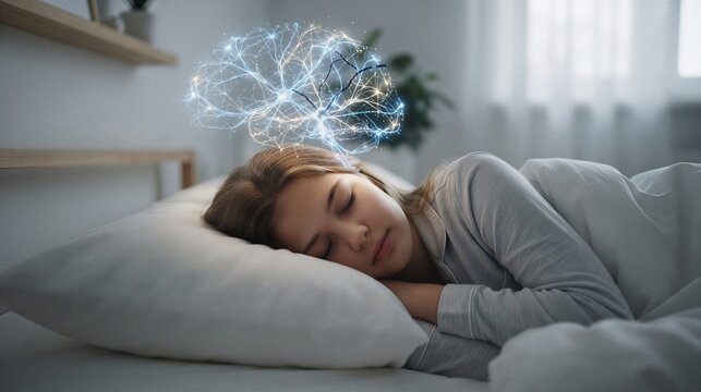 Girl sleeping in bed with glowing digital brain hologram above head. Child having active dreams and neural connections during sleep. Science concept of memory and cognitive development.