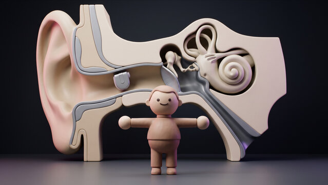 耳と補聴器の断面構造オブジェの前で両手を広げて直立するクレイキャラクターの3DCG