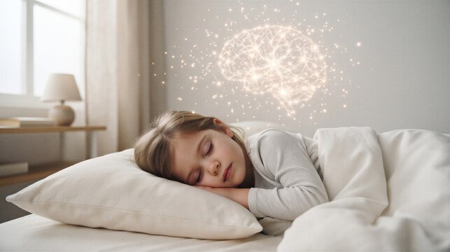 Little girl sleeping in bed with glowing digital brain hologram above her. Child resting peacefully while dreaming. Concept of subconscious mind, cognitive development and intelligence.