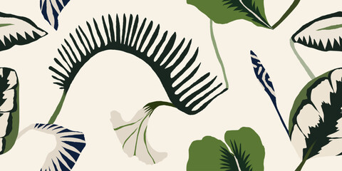 Fototapeta na wymiar Bright abstract tropical leaves and flowers pattern. Botanical contemporary seamless pattern. Hand drawn unique print.
