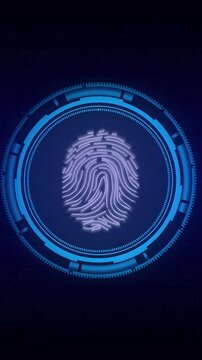 Biometric security verification animation loops blue fingerprint scans Security verification database layout tracks high tech identity access Verification animation system looks futuristic