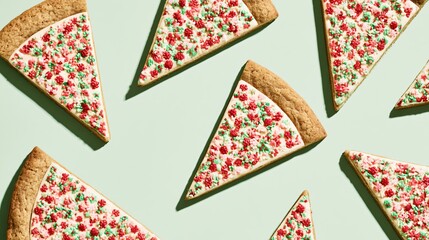 Obraz premium A bright editorial composition featuring multiple holiday cookie pizza slices arranged diagonally across a pale sage-green background