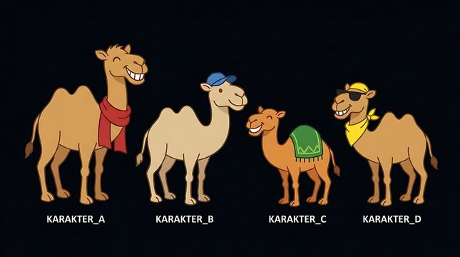 Set of four cartoon camel character mascots.