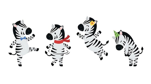 Set of four cute cartoon zebra characters posing.