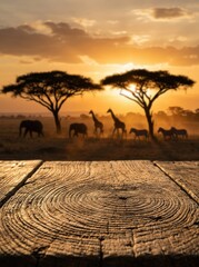 Naklejka premium Empty Rustic Wooden Table Top with Blurred African Savanna Sunset Background and Wildlife Silhouettes