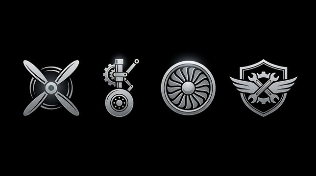 Silver aviation and mechanical engineering icons set.