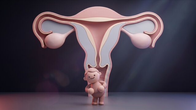 巨大な子宮の正面断面構造オブジェの前で胸に手を当て前傾するクレイキャラクターの3DCG