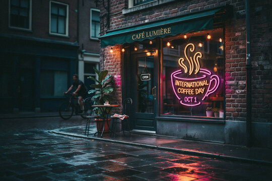 Charming coffee shop storefront illuminated by glowing neon sign during rainy night