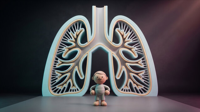 巨大な肺の正面断面構造オブジェの前で正面を向いて直立するクレイキャラクターの3DCG