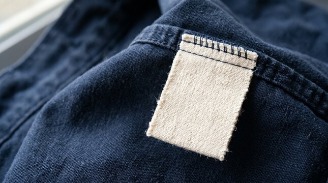 Blank Fabric Label Mockup Sewn on Navy Denim Jacket