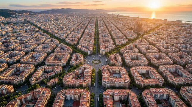Aerial View of Barcelonas Eixample District at Sunset.