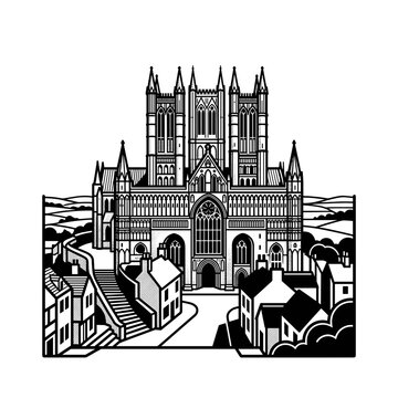 Gothic Cathedral Architecture Illustration with Surrounding Buildings.