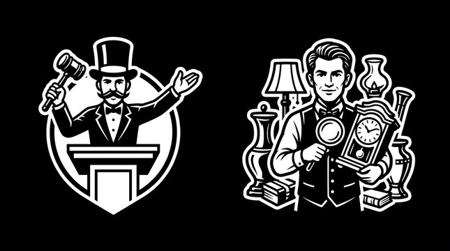 Vintage black and white character logos for auctions and antiques.