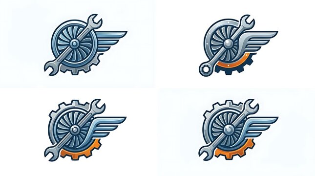 Winged gear and wrench industrial logo set.