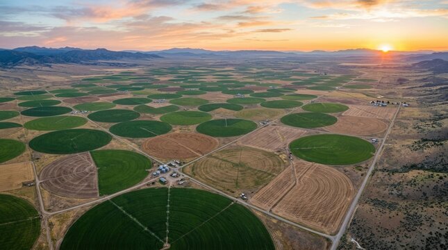Aerial View of Circular Farmland Irrigation Systems at Sunset.