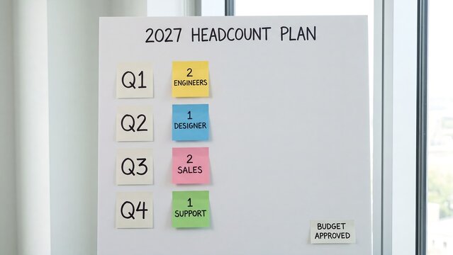 Headcount Plan Whiteboard. Quarterly Hiring Sticky Note Board With Engineer Designer And Sales Role. Human Resources Workforce Planning