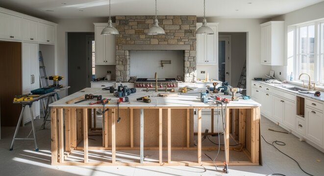 Kitchen Renovation In Progress Showing Wood Framing And Tools