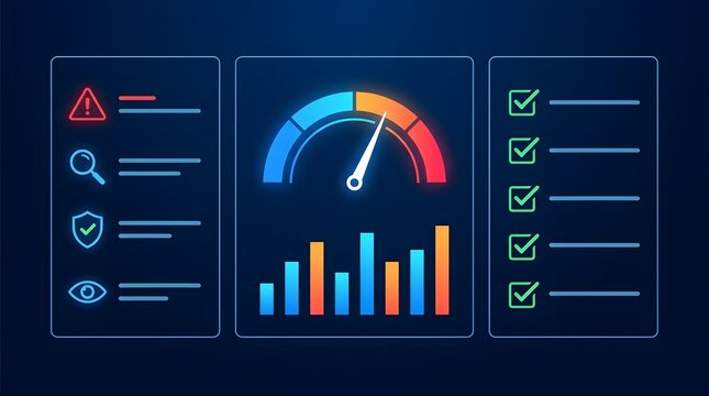 SEO Audit and Performance Monitoring Dashboard with Speedometer and Bar Chart