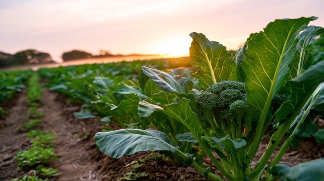 Lush field of vibrant broccoli thriving under a stunning sunset with a picturesque sky in the background