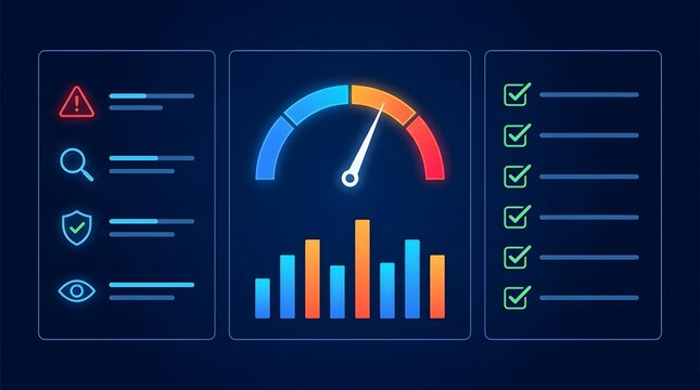 Digital Analytics Dashboard with Performance Gauge Checklist and Security Metrics