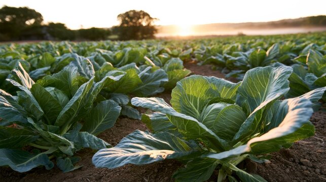 Lush green cabbage plants thriving in a bright field illuminated by the morning sun