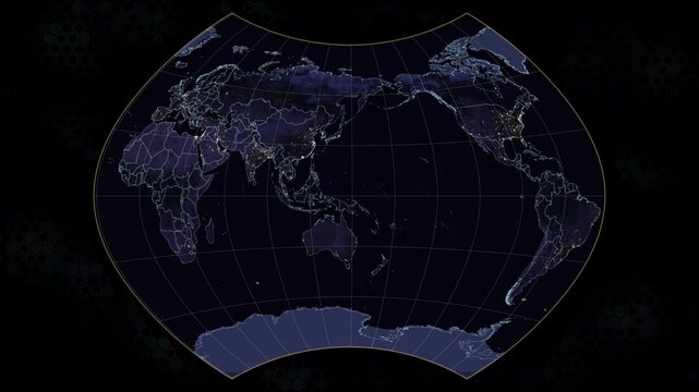 Ginzburg 9 world map projection. Rotating Earth with night satellite city lights and glowing border lines. Animated hexagonal background. Amber graticule and sphere outline. Seamless loop.