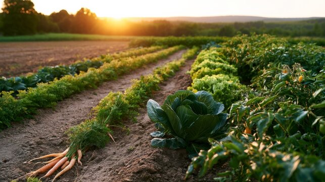 Vibrant vegetable garden at sunset showcasing fresh carrots lettuce and cabbage in a serene landscape