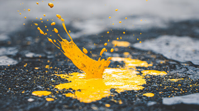 Paint splash yellow asphalt puddle water texture abstract splash closeup paint splash wet asphalt with puddle, bright yellow liquid splatter and droplets, urban street texture, motion freeze