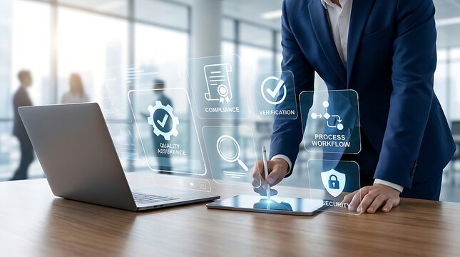 Businessman using digital tablet with quality assurance and compliance holograms in modern office