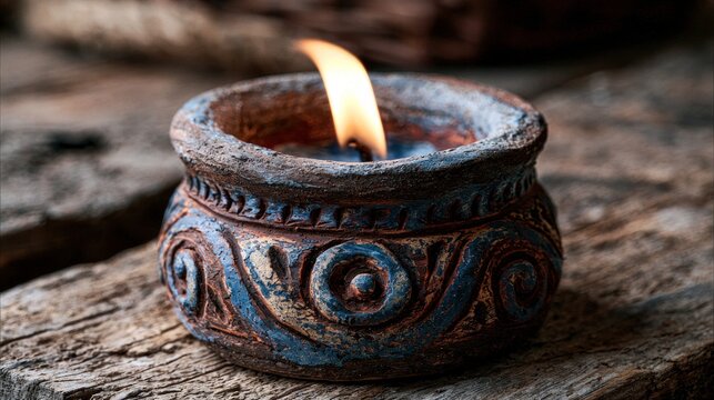 Handcrafted ceramic pot with burning flame