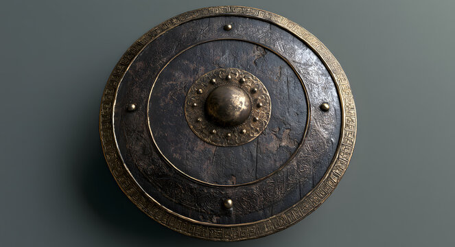 Ancient round shield featuring a weathered finish and brass rim